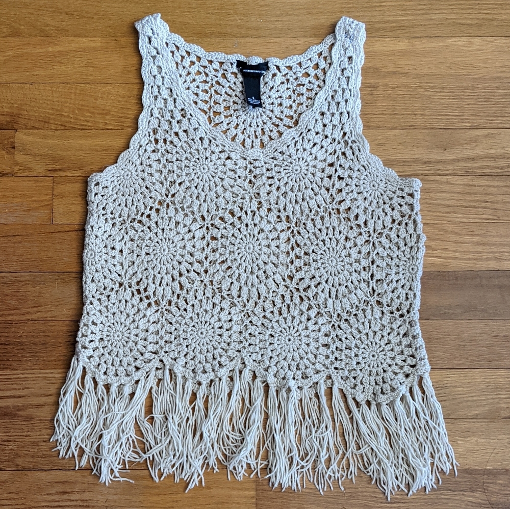 Cream Crochet Fringe Cropped Top INC